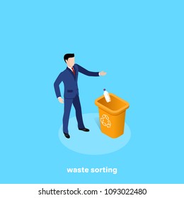 a man in a business suit throws an empty plastic bottle into a garbage can, an isometric image