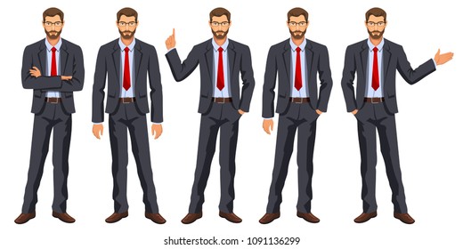 Man in business suit with tie. Bearded guy, gesturing. Elegant businessman in different poses. Stock vector, 10 eps