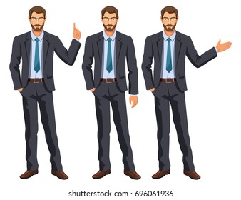 Man in business suit with tie. Bearded guy, gesturing. Elegant businessman in different poses. Stock vector