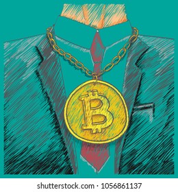 man in business suit and tie with bitcoin medal