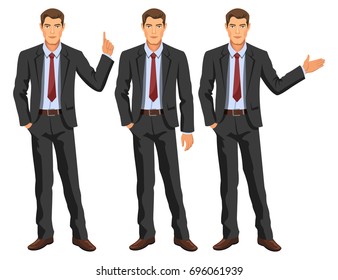 Man in business suit with tie. Handsome guy, gesturing. Elegant businessman in different poses. Stock vector