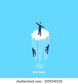 a man in a business suit triumphantly stands on the cloud while others creep up the stairs, an isometric image