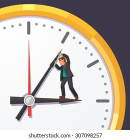 Man in business suit trying to stop time. Stopping minute hand on a big clock on the wall. Immortality and business deadline concept. Flat style vector illustration on blue background.