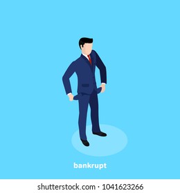 the man in the business suit turned out empty pockets in his trousers, an isometric image