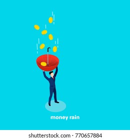 a man in a business suit with an umbrella in his hand is catching falling money, isometric image