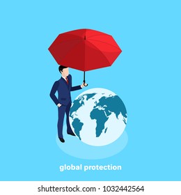 a man in a business suit under a red umbrella and next to him a globe, an isometric image