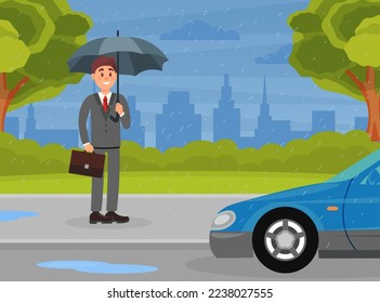 Man in Business Suit Under Umbrella Going to Work Outdoor in Autumn Enjoying Rainy Weather Vector Illustration