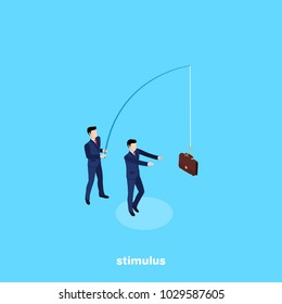 a man in a business suit using a bait leads another man, an isometric image