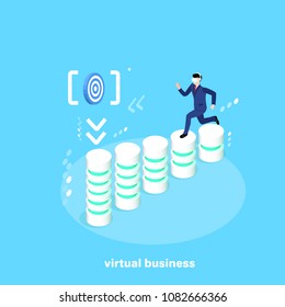 a man in a business suit and virtual glasses is running along a growing chart, an isometric image