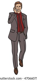 Man in business suit walking and talking on telephone. Man in formal clothes.
Isolated on white background vector illustration in EPS 8 format