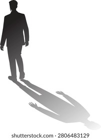 A man in a business suit walks alone with a stretched shadow on a white background, symbolizing isolation.
