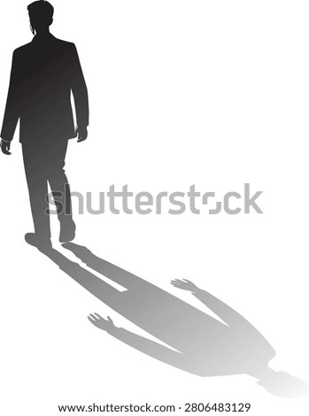 A man in a business suit walks alone with a stretched shadow on a white background, symbolizing isolation.