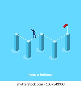 a man in a business suit walks along the rope stretched between the pillars of the chart, an isometric image