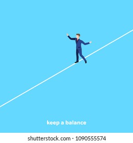 a man in a business suit walks along a tight cable, an isometric image