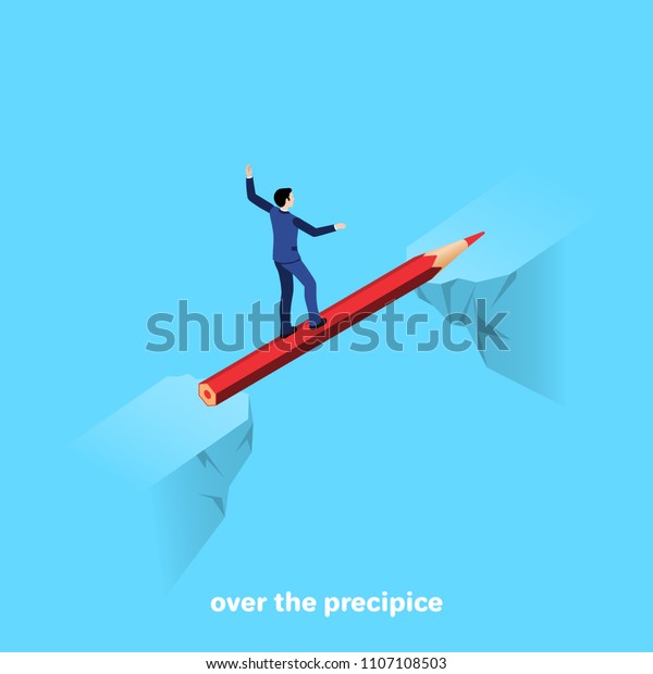 a man in a business suit walks\
along a pencil across a chasm between rocks, an isometric\
image