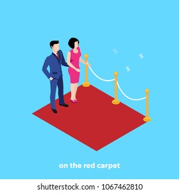 a man in a business suit and a woman in a dress stand on a red carpet, an isometric image