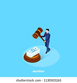 a man in a business suit with a wooden mallet and a pile of money, a bid for a lot at an auction, an isometric image