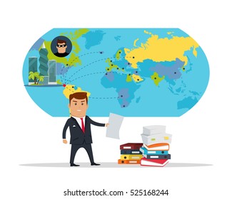 Man in business suite with sheet of paper on panama-city, world map background. Public corruption disclosure. International financial investigation concept. Offshore documents scandal illustration.