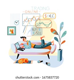 Man business trader buying, selling money on stock market. Guy freelancer with laptop sitting on sofa in home living room. Trading online, currency monetary forex exchange market. Vector illustration