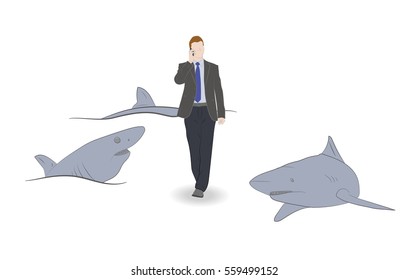 man businessman is among the sharks. the concept of competition in business. vector illustration