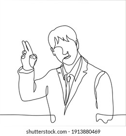 man businessman catches a taxi on the street - one line drawing. portrait of a man in a coat and business suit with a defiant hand. 