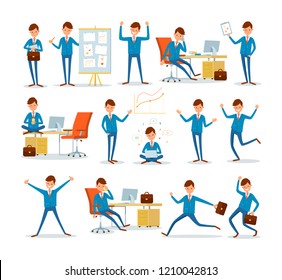 Man businessman characters in office, ceo at work vector. Director by table with computer, chief executive talking on phone. Worker with idea eureka
