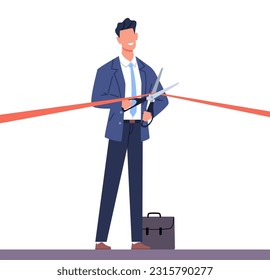 Man businessman cuts red ribbon with scissors. Grand opening ceremony. Official open, new beginning and startup. Performance or presentation. Cartoon flat style isolated vector concept