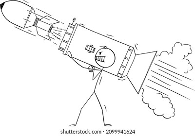 Man Or Businessman Firing Big Rocket Launcher, Concept Of Change Or Groundbreaking Idea, Vector Cartoon Stick Figure Or Character Illustration.