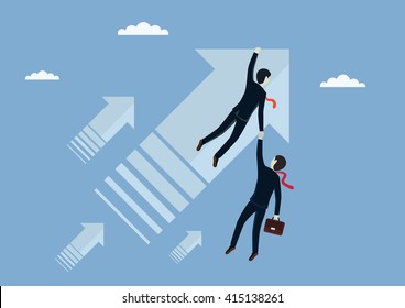 Man businessman flies forward holding partner. Do not throw in trouble. Vector illustration.