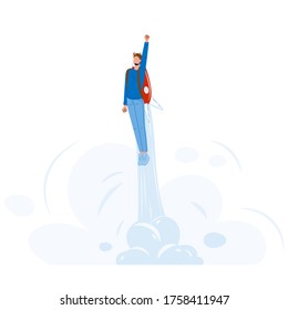 Man Businessman Fly With Jet Pack Booster Vector. Young Guy Start Flying With Booster Rocket Equipment. Character Aspiration Business Career Boost And Leadership Flat Cartoon Illustration