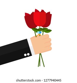 Man, businessman gives bouquet of flowers, heart, diamond ring, gift, marriage proposal, surprise, happy valentines day