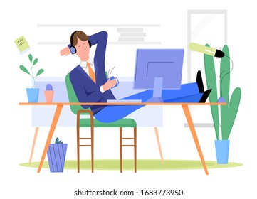 Man businessman has break and relaxes at workplace in office flat vector illustration concept. Boss on chair enjoy, listening music in headphones, drinking tea, coffee, legs on desk