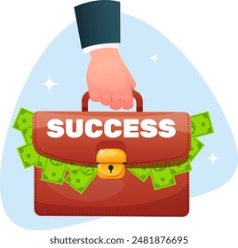 man businessman holding a briefcase with money and the inscription success. Stock vector illustration