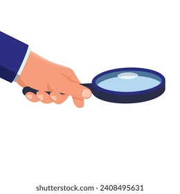 Man businessman holding a magnifying glass in hand. Isolated on white background.  Vector illustration flat design. Search Concept. Glass, lupe. 