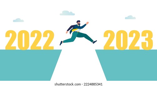man businessman jumping from a cliff 2022 in the new year 2023 over the abyss. Symbol of the new year 2023. flight over the abyss. vector illustration