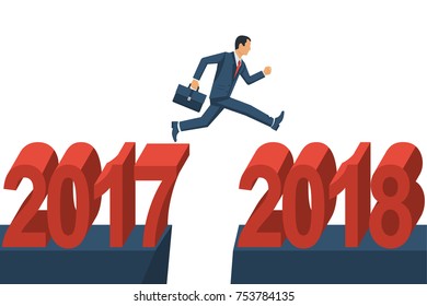Man businessman jumps from 2017 to 2018. Vector illustration flat design. Isolated on white background. Big numbers. Forward to future.
