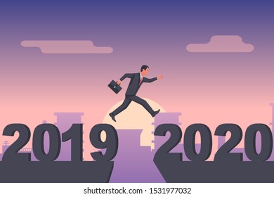 Man businessman jumps from 2019 to 2020 on background city. Vector illustration flat design. Big numbers. Forward to future.