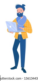 Man businessman with laptop, stylishly dressed in a jacket, scarf, striped pants, with a fashionable hairstyle. Vector isolated illustration on white background, character in the style of flat