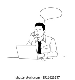 Man or businessman looking at his laptop and talking on his phone. Hand drawn vector illustration.