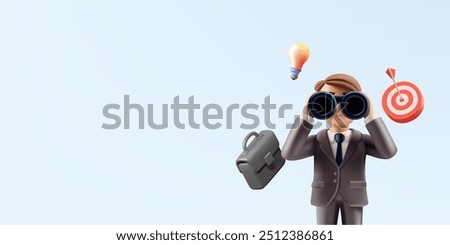 A man, a businessman looks through binoculars, 3D. A target, a light bulb, a briefcase. Banner for investment, business, and finance concepts. A successful vision of business management. Vector illust
