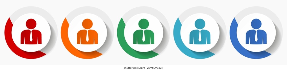 Man, businessman, male vector icon set, flat icons in 5 color options for logo design, webdesign and mobile applications, colorful round buttons