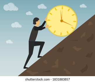 A man, a businessman, a manager pushes up a large round golden mechanical clock. Vector illustration.