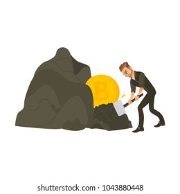 Man, businessman mining bitcoin, golden BTC coins from rock, hard working, flat cartoon vector illustration isolated on white background. Bitcoin concept with businessman mining gold from rock