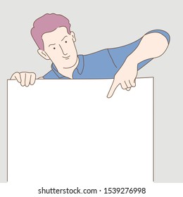 Man or businessman points to text. Hand drawn vector illustration.