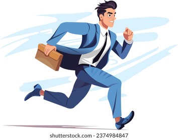  Man businessman running with briefcase, flat illustration