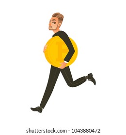 Man, businessman running, hurrying with giant bitcoin, BTC, flat cartoon vector illustration isolated on white background. Bitcoin, cryptocurrency concept with businessman and giant golden coin