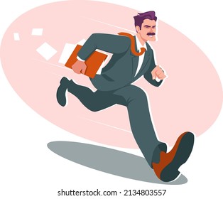 A man is a businessman running and loses his papers on the way. The guy in the suit runs away from economic danger. The concept of human stress behavior. Stock vector illustration 