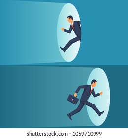 Man businessman runs through the portal. Fantasy teleport. Vector illustration flat design. Isolated on white background.