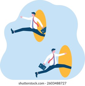 Man businessman runs through the portal. Fantasy teleport. Vector illustration flat design. 

