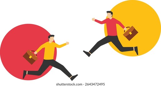Man businessman runs through the portal. Fantasy teleport. Vector illustration flat design. stock illustration